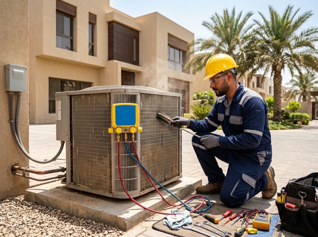 technician diagnosing why AC is not cooling in a Jeddah home