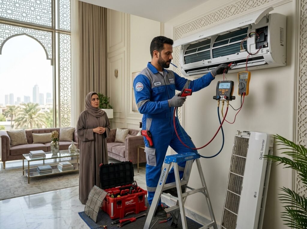 technician diagnosing why AC is not cooling in a Jeddah home