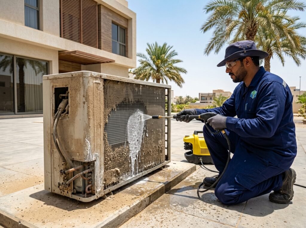 technician fixing common AC problems in Jeddah homes