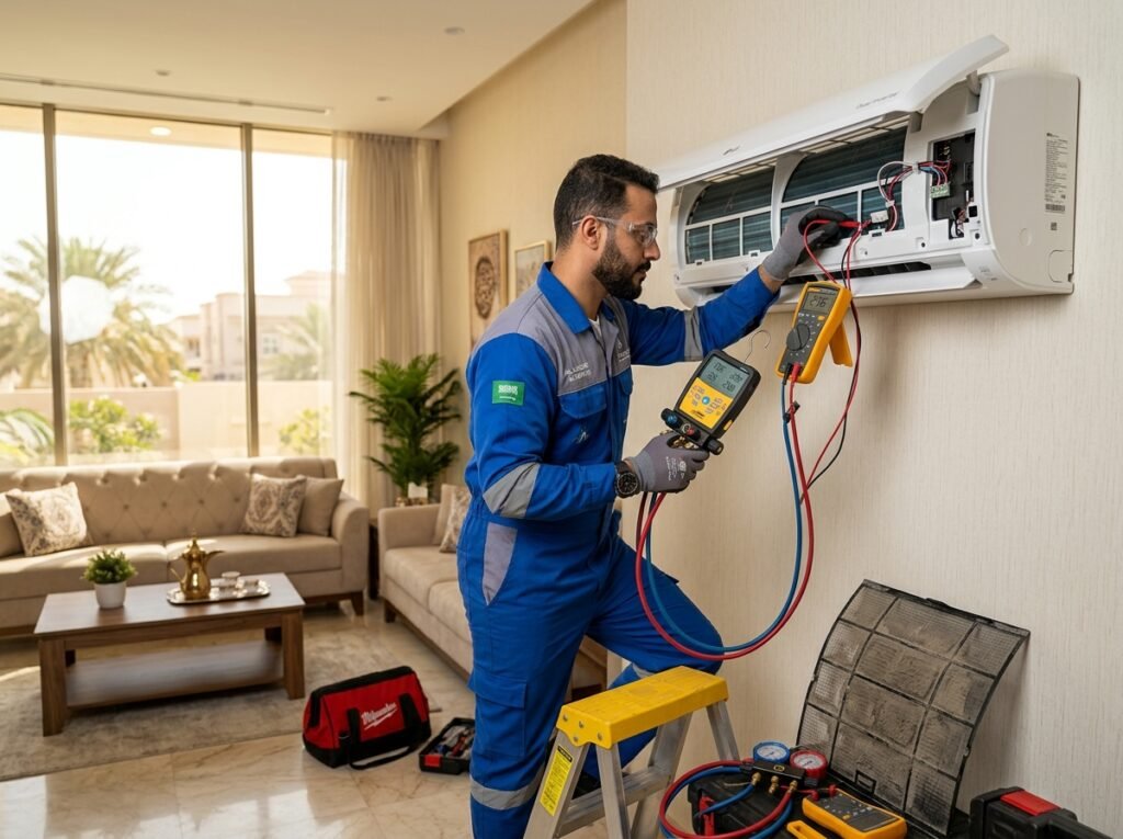 technician fixing common AC problems in Jeddah homes