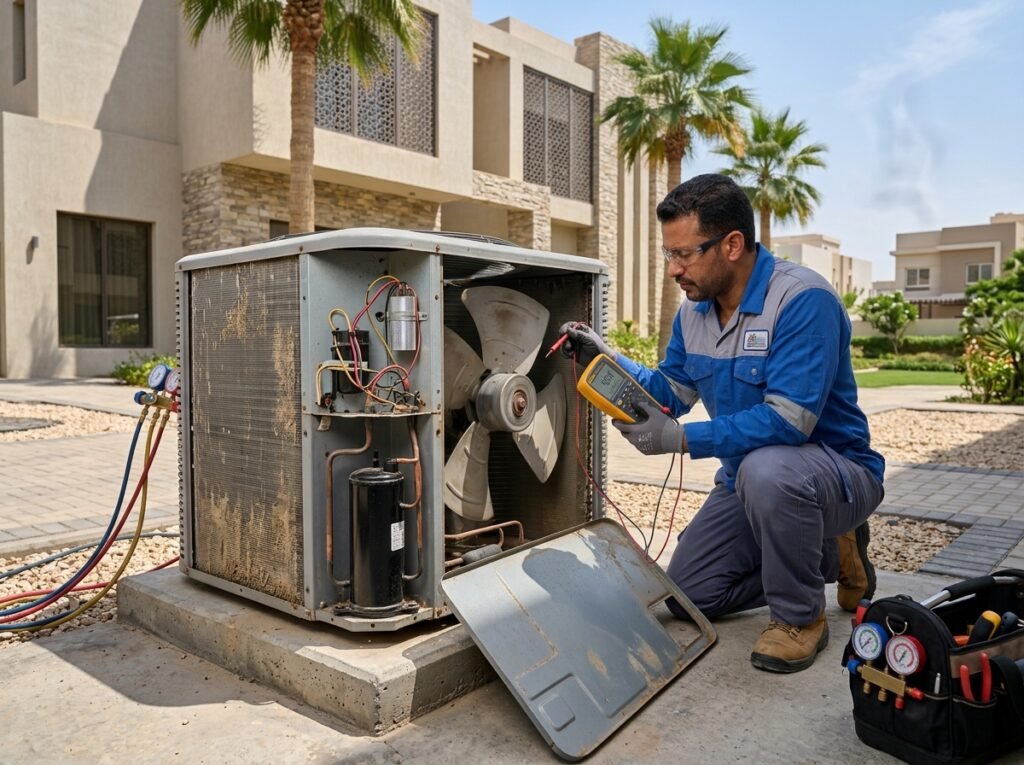 technician inspecting AC making strange noises in a Jeddah home