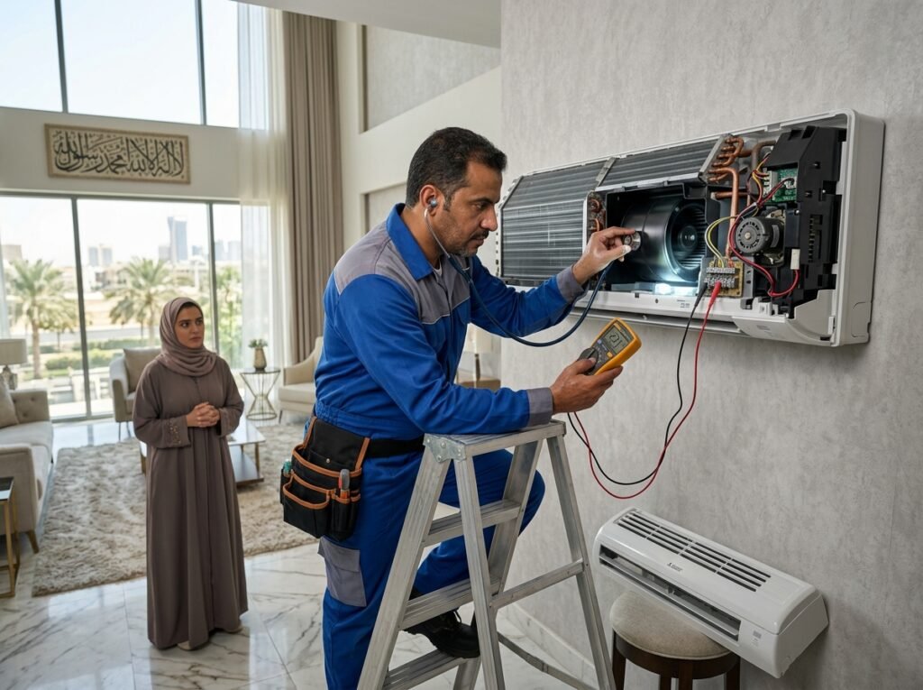 technician inspecting AC making strange noises in a Jeddah home